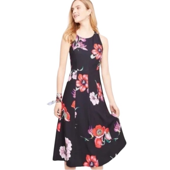 ANN TAYLOR FACTORY Floral Print Crossback Bow Dress Black w/ Colorful Florals 6 - Picture 1 of 10